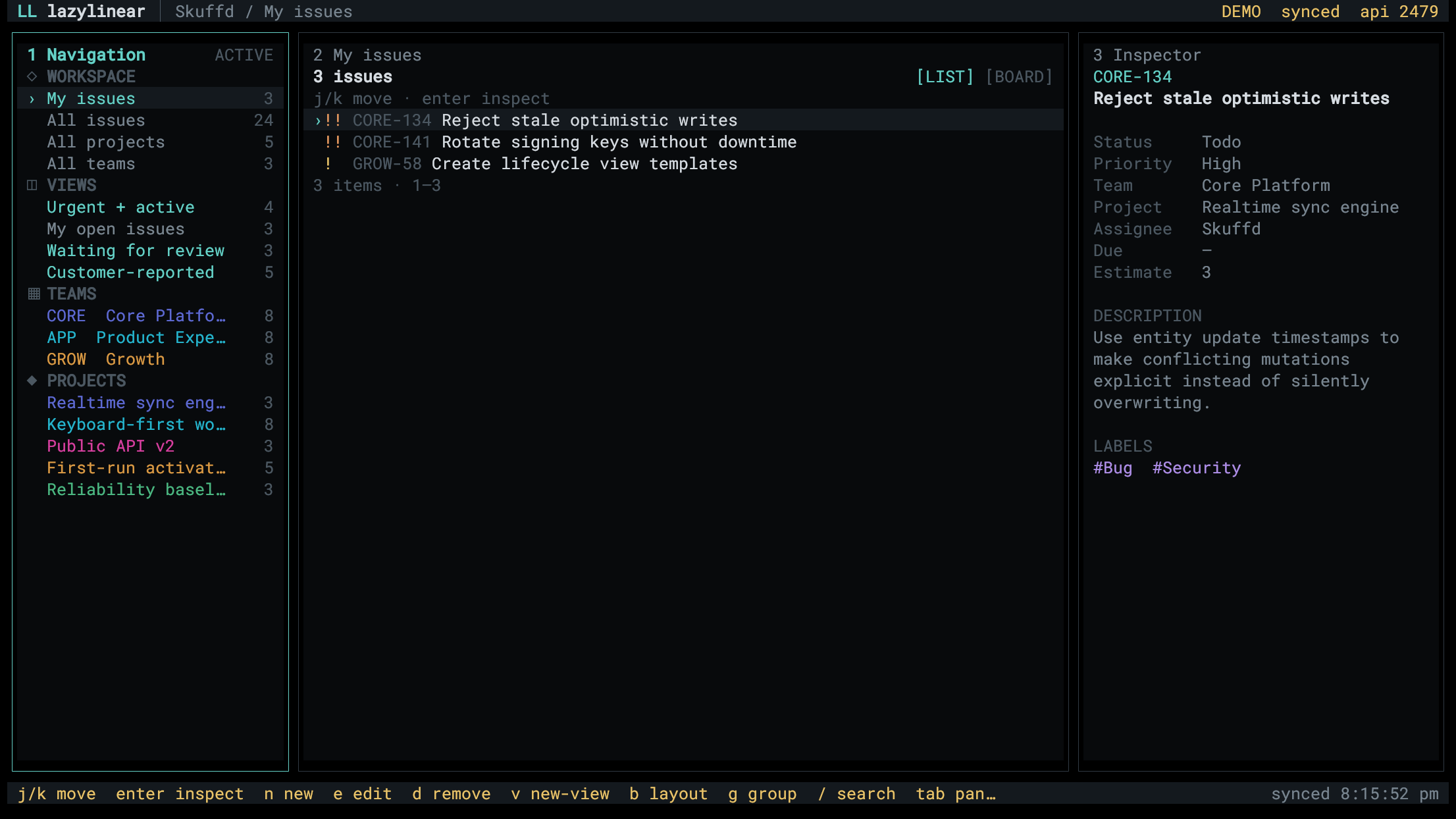 LazyLinear demo mode running in WezTerm, showing workspace navigation, the issue list, and the inspector.